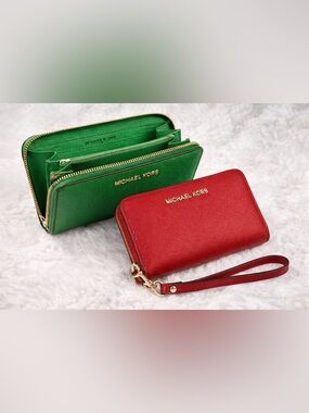 Michael Kors Wallet Bundle Green Zip Around & Red Wristlet Wallet